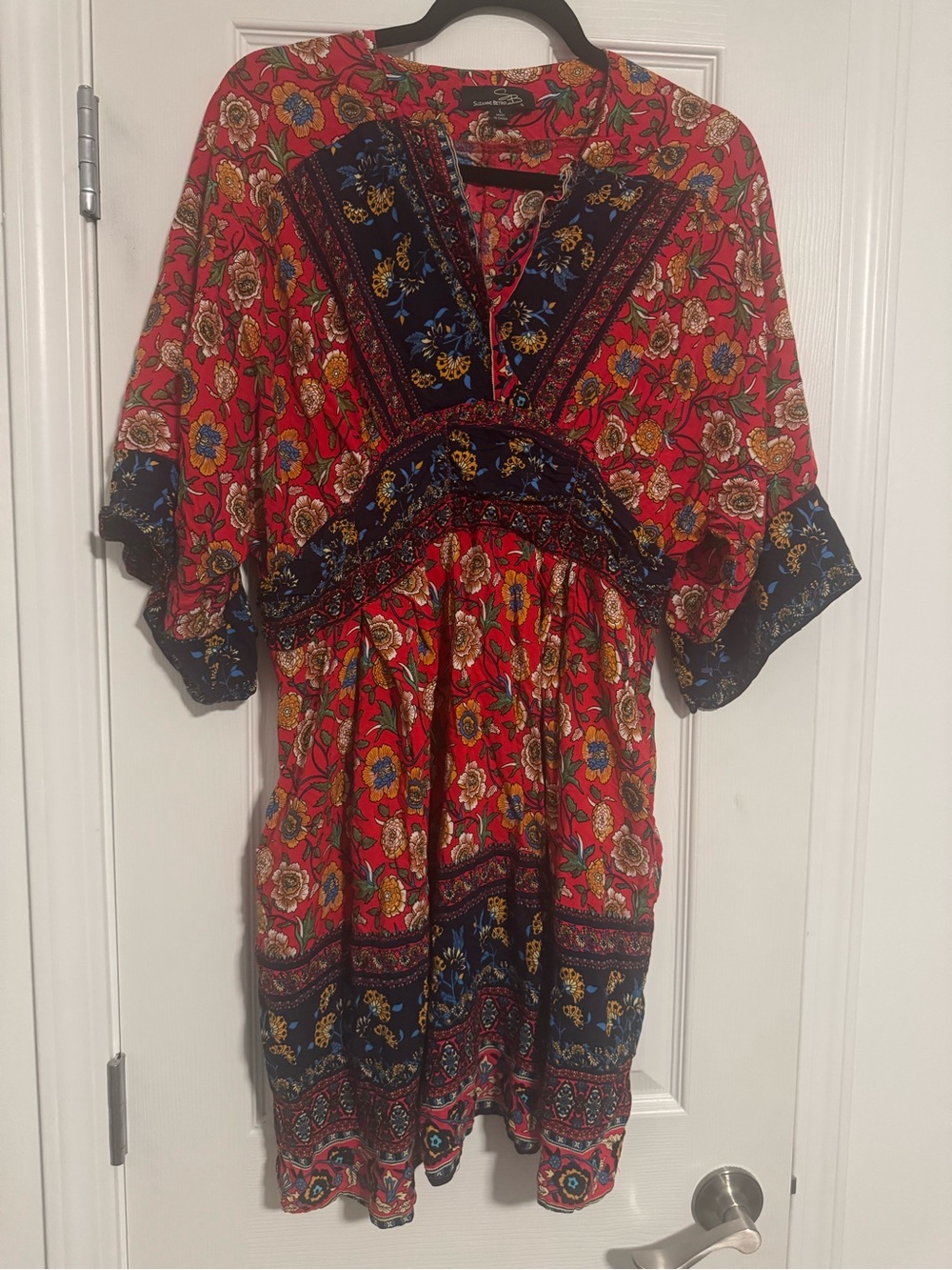 Suzanne Betro Red Floral Midi Dress with Navy Accents